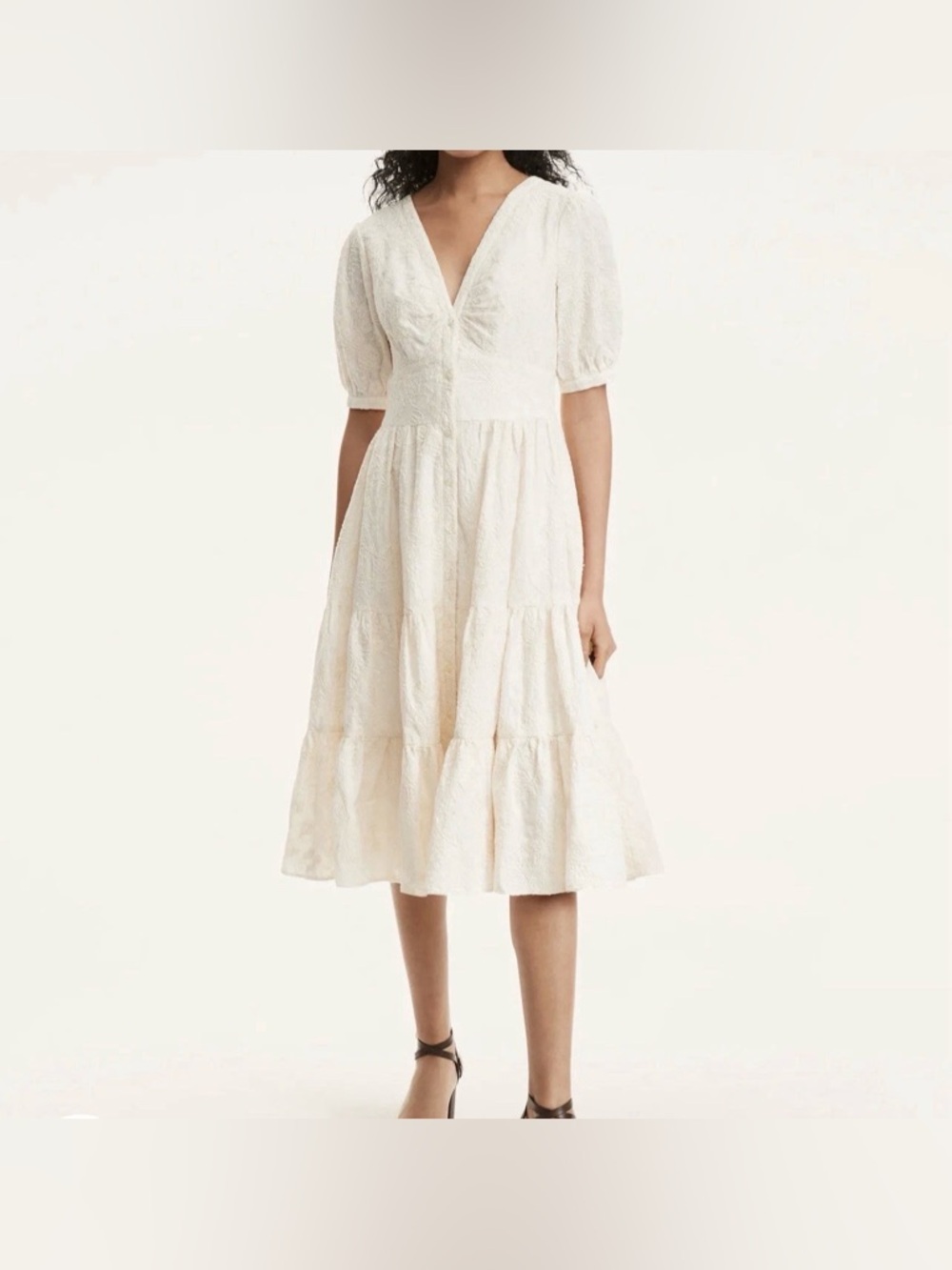 Brooks Brothers Cotton Embroidered Tiered Midi Dress 2 Beige Lined Preppy Classi